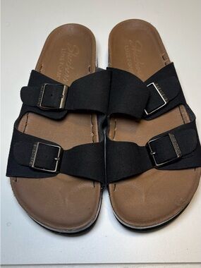 Skechers Black and Brown Double-Buckle Slide Sandals